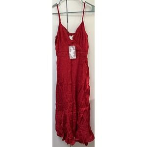 Band Of The Free Dress‎ Womens Extra Small Red Jacquard Maxi Strappy Boho Ruffle